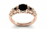 Floral Filigree Solitaire Ring 1.6ct Round Cut Black Diamond 14k RoseGold Finish