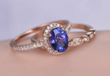 1.6ct Oval Cut Blue Tanzanite Bridal Set Engagement Ring 14k Rose Gold Finish