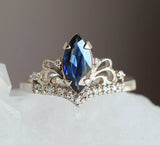 1ct Marquise Cut Blue Sapphire Crown Women Engagement Ring 14k White Gold Finish