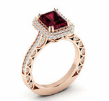 2.5ct Emerald Cut Red Garnet Halo Solitaire with Accent Ring 14k RoseGold Finish