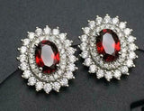 2.7ct Oval Cut Red Garnet Diamond Dual Halo Stud Earrings 14k White Gold Finish