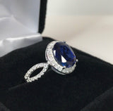 2ct Oval Cut Blue Sapphire Halo Split Band Engagement Ring 14k White Gold Finish