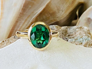 2ct Engagement Ring Oval Green Emerald Bezel Set Solitaire 14k Yellow Gold Over