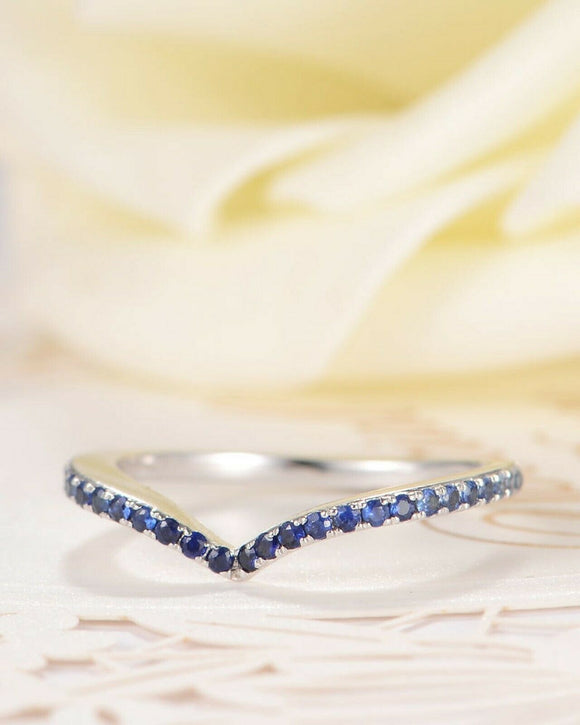 0.6ct Round Cut Blue Sapphire Curved Minimalist Wedding Band 14k White Gold Over