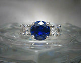 2ct Round Cut Blue Sapphire Diamond Trilogy Engagement Ring 14k WhiteGold Finish