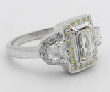 4ct Emerald Diamond Yellow Halo Trilogy Engagement Ring 14k White Gold Finish