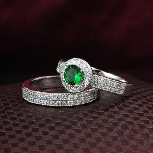 4Ct Round Green Emerald Bridal Set Diamond Halo Ring Band 14K White Gold Finish