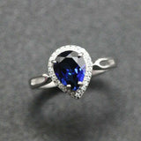 2ct Pear Cut Blue Sapphire Halo Solitaire with Accent Ring 14k White Gold Finish