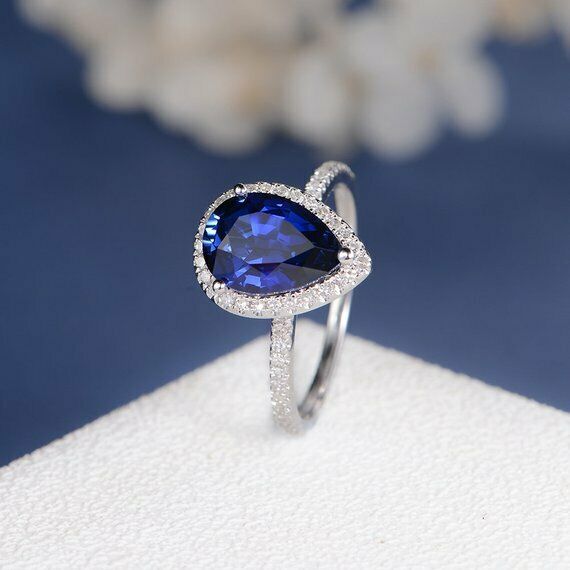 1ct Pear Cut Blue Sapphire Engagement Ring 14k White Gold Finish Halo Promise