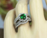 2.5ct Round Cut Green Emerald Diamond Halo Trio Set Ring 14k White Gold Finish