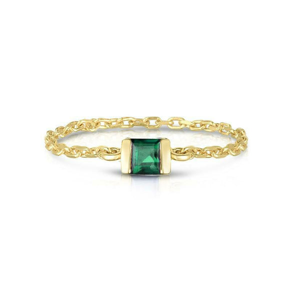 0.15ct Princess Cut Green Emerald Solitaire Chain Ring 14k Yellow Gold Finish