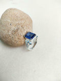 2.4ct Emerald Cut Blue Sapphire Heart Shank Solitaire Ring 14k White Gold Finish