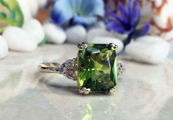 2.2ct Engagement Ring Radiant Green Peridot Diamond Petite 14k Yellow Gold Over