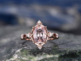 1.3ct Oval Cut Morganite Engagement Ring Halo Unique Art Deco 14k Rose Gold Over