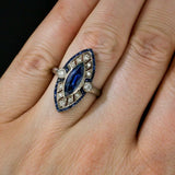 1.5ct Marquise Cut Blue Sapphire Art Deco Engagement Ring 14k White Gold Finish