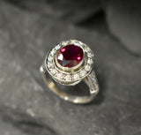 2.4ct Oval Cut Pink Ruby Vintage Inspired Halo Ring 14k White Gold Finish