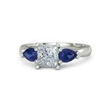 3Ct Princess Cut Diamond Trilogy Ring 14K White Gold Finish Sapphire Pear Accent