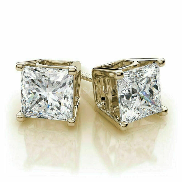 2ct Princess Simulated Diamond 4 Prong Screw Back Stud Earrings 14k Gold Plated