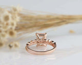 2.2ct Emerald Cut Peach Morganite Milgrain Bridal Set Ring 14k Rose Gold Finish