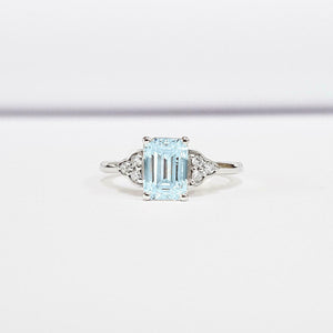 1ct Emerald Cut Blue Aquamarine Round Diamond Accents Ring 14k White Gold Finish