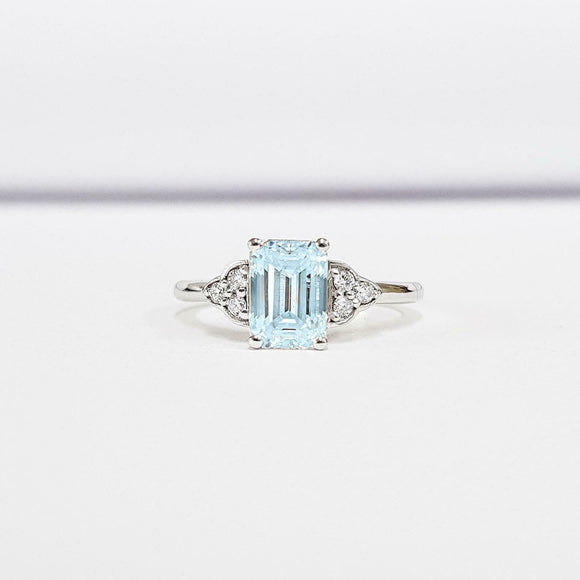 1ct Emerald Cut Blue Aquamarine Round Diamond Accents Ring 14k White Gold Finish