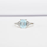 1ct Emerald Cut Blue Aquamarine Round Diamond Accents Ring 14k White Gold Finish