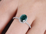 2.1ct Oval Cut Green Emerald Engagement Ring Diamond Halo 14k White Gold Finish