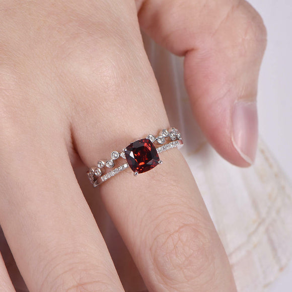 2ct Cushion Cut Red Garnet Bridal Set Women Engagement Ring 14k WhiteGold Finish