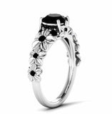 Flower Solitaire with Accent Ring 2ct Round Cut Black Diamond 14k WhiteGold Over