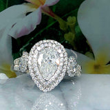 2.07ct Pear Diamond Engagement Ring Round Accent Dual Halo 14k White Gold Finish