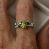 2ct Oval Green Peridot Diamond Leaf Accents Engagement Ring 14k WhiteGold Finish