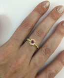 2ct Round Cut Pink Ruby Flower Solitaire with Accent Ring 14k Yellow Gold Finish