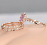 1ct Emerald Pink Sapphire Trio Set Promise Engagement Ring 14k Rose Gold Finish