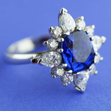 3ct Cushion Cut Blue Sapphire Engagement Ring Floral 14k White Gold Finish