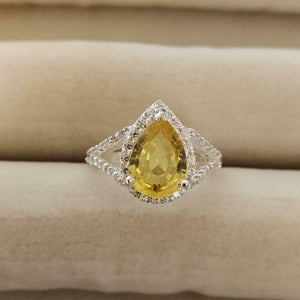 2ct Engagement Ring Pear Cut Yellow Sapphire Split Shank Halo 14k WhiteGold Over