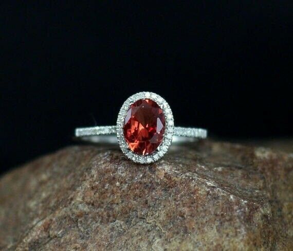 3Ct Oval Cut Red Garnet Diamond Accent Halo Engagement Ring 14K White Gold Over