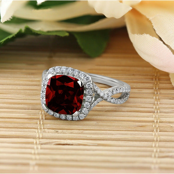 2.3Ct Cushion Cut Red Garnet Split Band Engagement Ring 14K White Gold Finish