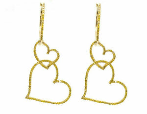 1ct Round Cut Yellow Sapphire Dual Heart Dangle Earrings 14k Yellow Gold Finish