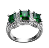 4Ct Radiant Cut Green Emerald Trilogy Halo Engagement Ring 14K White Gold Finish