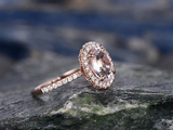 3.2ct Oval Cut Morganite Engagement Ring Halo Diamond Accents 14k Rose Gold Over