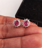 1ct Oval Cut Simulated Pink Ruby Floral Halo Stud Earrings 14k White Gold Plated