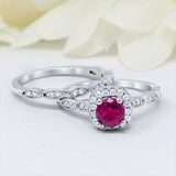 3Ct Round Cut Pink Ruby Diamond Bridal Set Engagement Ring 14K White Gold Finish