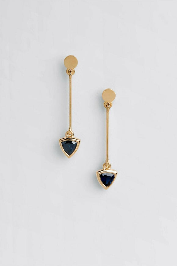 1ct Trillion Cut Blue Sapphire Solitaire Long Drop Earrings 14k Yellow Gold Over