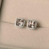 2ct Cushion Cut Peach Morganite Diamond Halo Stud Earrings 14k White Gold Finish