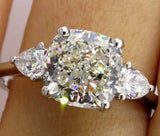 4Ct Cushion Cut Diamond Trilogy Engagement Ring 14K White Gold Over Pear Accents