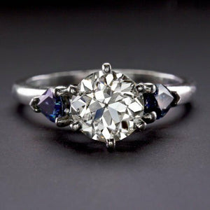 2Ct Round Cut Diamond Trilogy Ring 14K White Gold Finish Blue Sapphire Accents