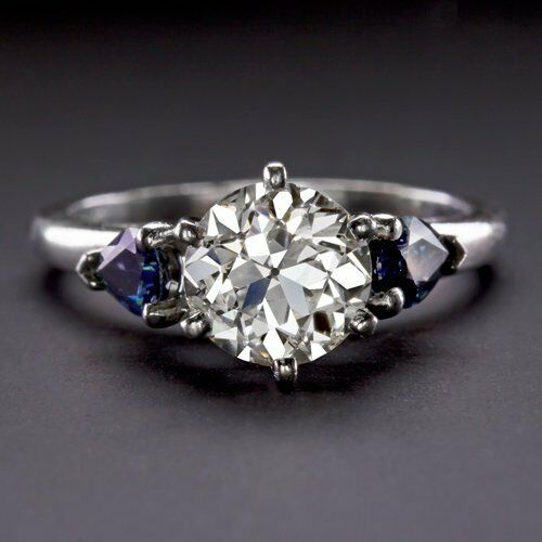 2Ct Round Cut Diamond Trilogy Ring 14K White Gold Finish Blue Sapphire Accents