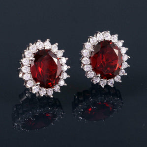 3.5ct Stud Earrings Oval Cut Red Garnet Diamond Halo Floral 14k WhiteGold Finish