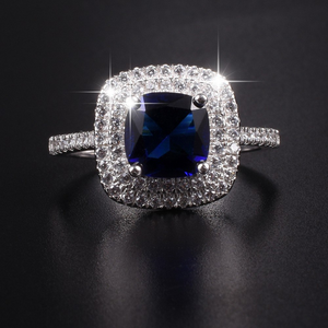 2ct Cushion Cut Blue Sapphire Double Halo Engagement Ring 14k White Gold Finish