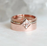 1ct Princess Cut Peach Morganite Bridal Set Engagement Ring 14k Rose Gold Finish